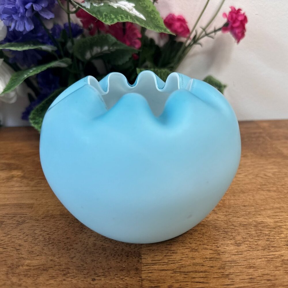 Vintage Blue Satin Glass Bowl Ruffled Edge Cased Glass Likely Fenton Vase